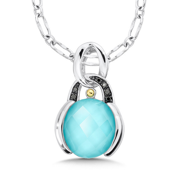 Turquoise & Black Diamond Pendant in 18k Gold & Sterling Silver