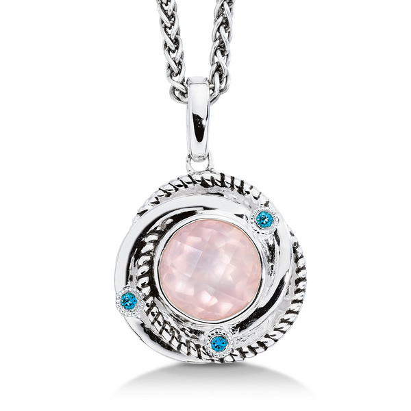 Rose Quartz - Blue Diamond Pendant in Sterling Silver