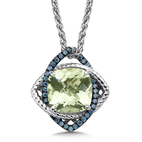 Green Amethyst & Blue Diamond Pendant in Sterling Silver