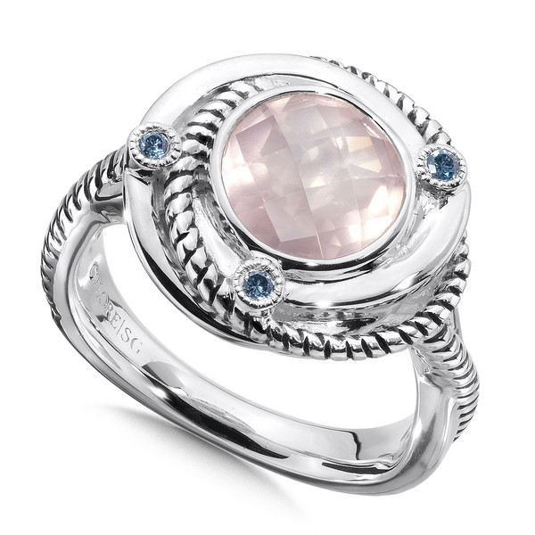 Rose Quartz & Blue Diamond Ring in Sterling Silver