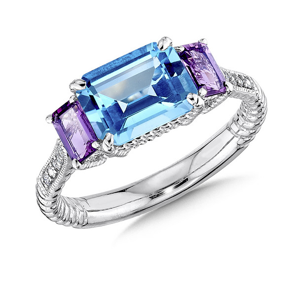 Blue Topaz & Amethyst Diamond Ring in Sterling Silver