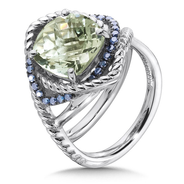 Green Amethyst & Blue Diamond Ring in Sterling Silver