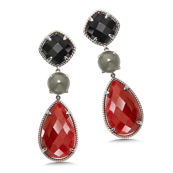 Black Spinel & Gray Moonstone & Ruby Corundum Earrings in Sterling Silver