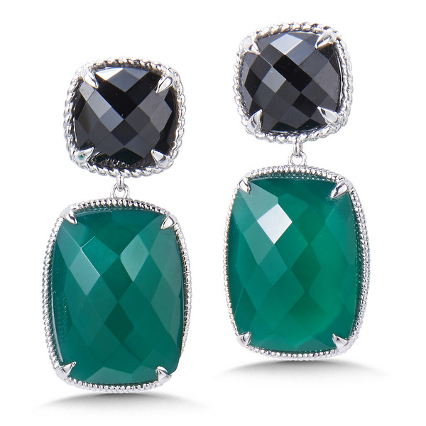 Black Spinel & Green Onyx Gemstone Earrings in Sterling Silver