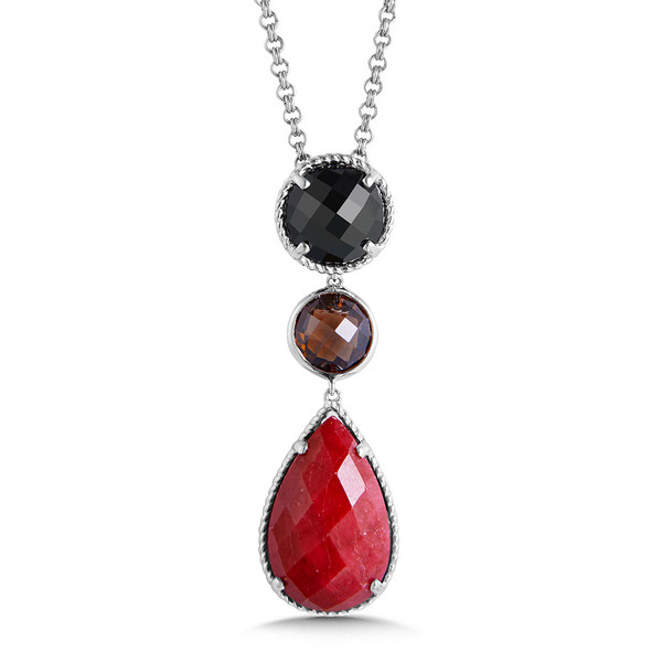 Black Spinel Smoky Quartz Ruby Cordundum Pendant in Sterling Silver