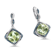 Green Amethyst & Blue Diamond Earrings in Sterling Silver
