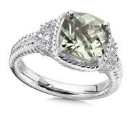 Green Amethyst & Diamond Ring in Sterling Silver