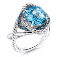 Blue Topaz & Blue Diamond Ring in Sterling Silver
